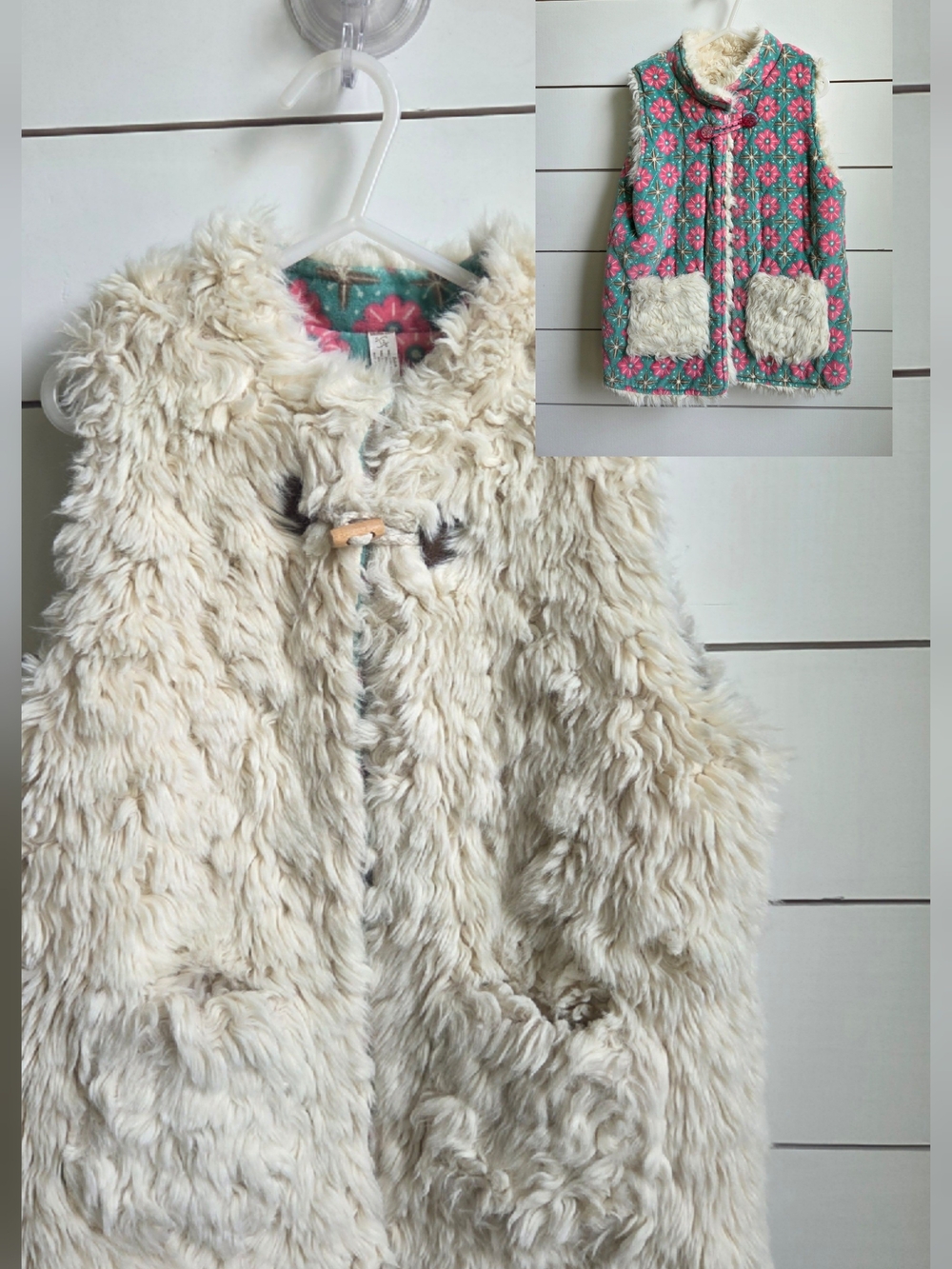 Matilda Jane Cream Faux Fur Vest with Teal & Pink Floral Lining
